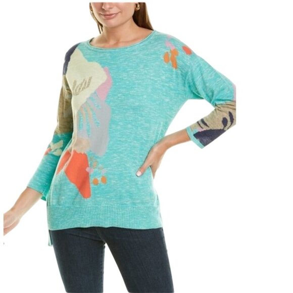 Nic+Zoe Womens Flower Sweater Sz L Cotton Linen Artsy Boho Chic Turquoise Blue - Picture 1 of 8